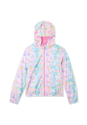 Giacca leggera con cappuccio in fantasia tie-dye pastello. Zippata frontale con bordo rosa, polsini elasticizzati e due tasche laterali.