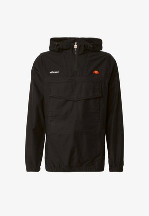 Giacca a felpa nera con cappuccio e zip frontale, grande tasca a marsupio, polsini elastici e patch del logo Ellesse sul petto.