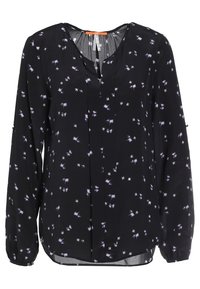 Černá blůza z lehkého materiálu, zdobená květinovým vzorem v purpurové a bílé barvě, s dlouhými rukávy a výstřihem do V s légou.