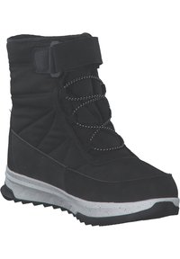 Stivale invernale nero isolato con tomaia in tessuto testurizzato, lacci elasticizzati, cinturino in velcro e suola in gomma bianca a macchie.
