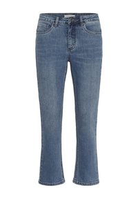 Jean en denim bleu avec coupe droite, fermeture avant par bouton et fermeture éclair, et design cinq poches.