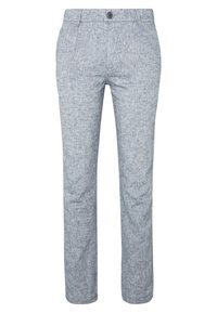 Ljusblå, texturerade tygbyxor med rak skärning. Har bälteshällor och knappstängning i midjan. Lämpliga för avslappnad användning.