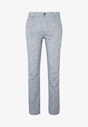 Lichtblauwe, gestructureerde stofbroek met een rechte snit. Voorzien van ceintuurlussen en een knoopsluiting in de taille. Geschikt voor casual outfits.