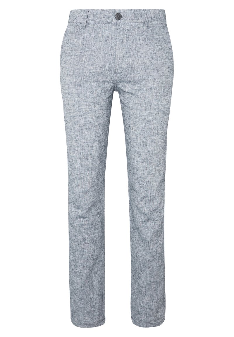 Ljusblå, texturerade tygbyxor med rak skärning. Har bälteshällor och knappstängning i midjan. Lämpliga för avslappnad användning.