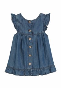 Denim jurk met ruches aan de mouwen, knoopsluiting aan de voorkant en een uitlopende zoom. Donkerblauwe kleur met vijf houten knopen en een geplooid lijfje.