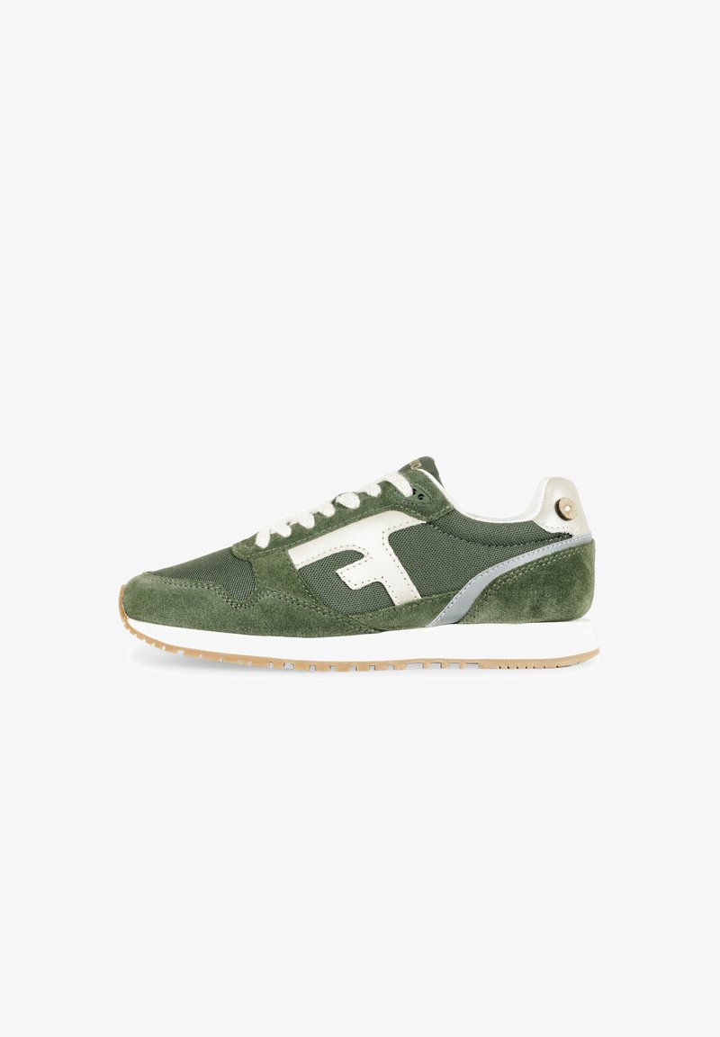 Grüne Wildleder- und Mesh-Sneaker mit weißen Akzenten, einem silbernen Streifen und einer beigen Sohle. Verfügt über eine abgerundete Zehenpartie und ein klassisches Schnürdesign.