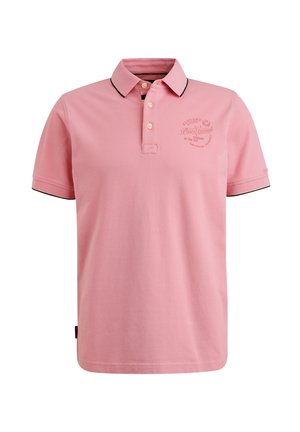 Roze polo shirt met korte mouwen, drieknoopsluiting, contrasterende zwarte afwerking op de kraag en mouwen, met logo-opdruk aan de voorkant.