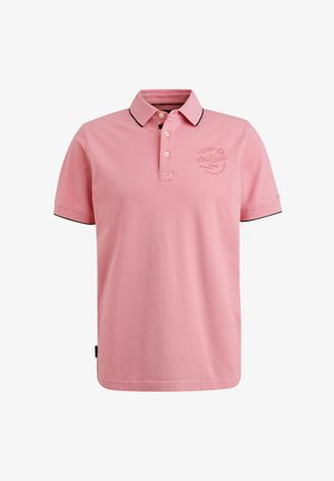 Rosefarbendes Poloshirt mit kurzen Ärmeln, dreiknöpfiger Knopfleiste, kontrastierendem schwarzem Besatz am Kragen und an den Ärmeln, mit Logo-Details auf der Vorderseite.