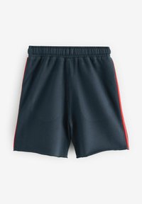 Marinefarbene Sportshorts mit einem Bund, ausgestattet mit roten seitlichen Streifen und einem strukturierten Stoff. Fertiggestellt mit einem Rohsaum für einen lässigen Look.