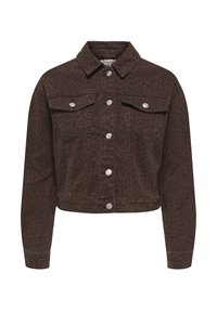 Chaqueta de mezclilla marrón con un patrón de leopardo, con cuello tipo solapa, cierre frontal de botones y dos bolsillos en el pecho.