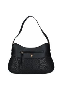 Borsa a mano in pelle nera con forma curva, sezione inferiore testurizzata caratterizzata da un motivo impresso, accessori in tonalità oro e una tasca con zip.