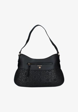 Zwarte leren handtas met een gebogen vorm, een textuur onderstuk met een reliëf patroon, gouden hardware en een ritsvak.