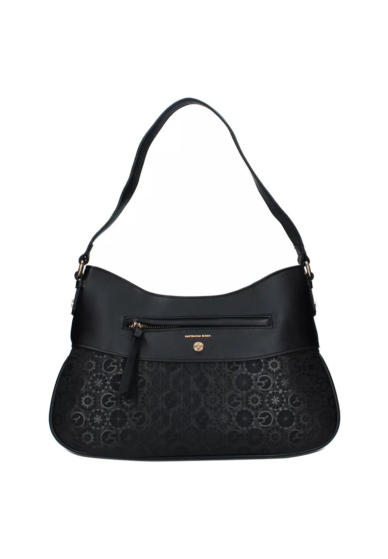 Borsa a mano in pelle nera con forma curva, sezione inferiore testurizzata caratterizzata da un motivo impresso, accessori in tonalità oro e una tasca con zip.