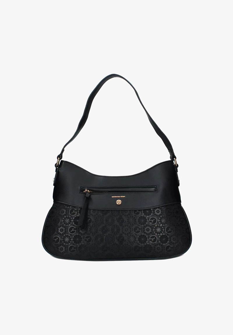 Borsa a mano in pelle nera con forma curva, sezione inferiore testurizzata caratterizzata da un motivo impresso, accessori in tonalità oro e una tasca con zip.