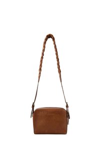 Brown leather crossbody bag with a braided strap, zippered top, rectangular shape, and subtle logo embossed on the front.