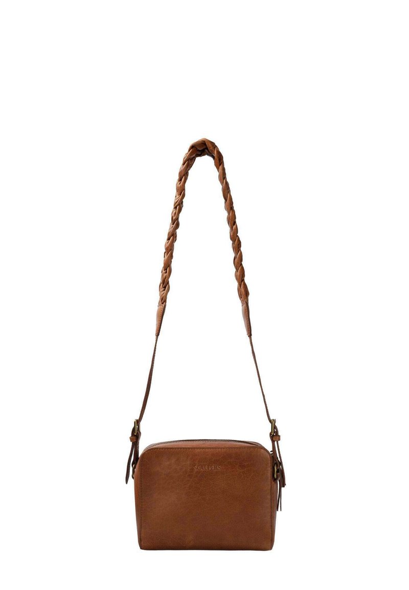 Brown leather crossbody bag with a braided strap, zippered top, rectangular shape, and subtle logo embossed on the front.