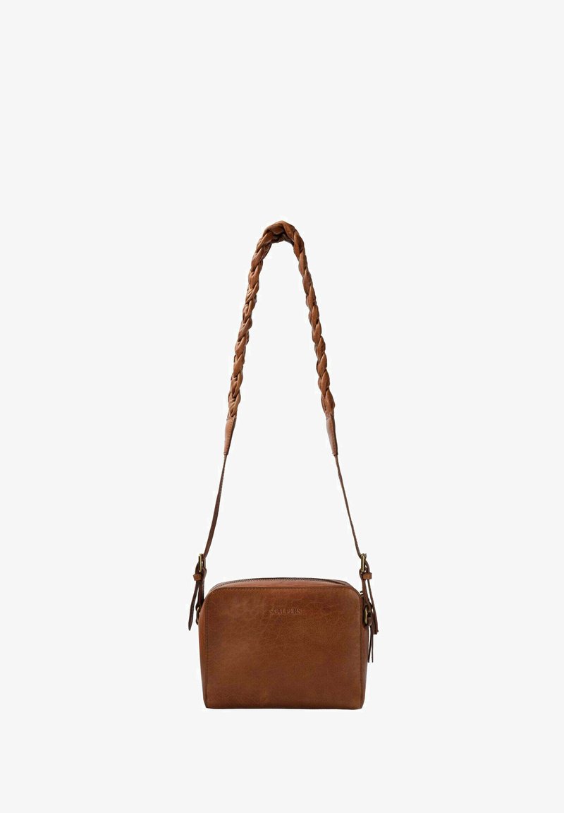 Brown leather crossbody bag with a braided strap, zippered top, rectangular shape, and subtle logo embossed on the front.