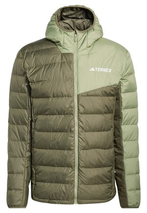 Two-tone green padded hooded jacket with full front zipper, horizontal quilting, and white Terrex logo on upper right chest.