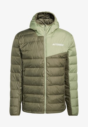 Two-tone green padded hooded jacket with full front zipper, horizontal quilting, and white Terrex logo on upper right chest.