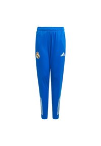 Blaue Sporthose aus leichtem Material, mit dem Real Madrid-Logo und drei weißen Streifen an den Seiten. Mit elastischem Bund.