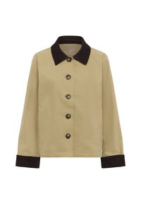 Bēša žakete ar tumšu korduroja apkakli, pieciem lieliem pogām, garām piedurknēm un ribotām aprocēm. Gluda tekstūra, standarta piegriezums un bez rakstiem.