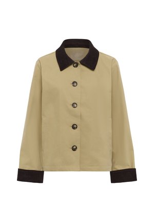 Beež jakk tumeda sametkraega, viie suure nupuga, pikkade varrukatega ja soonikkoes varrukaservadega. Sile tekstuur, tavapärane lõige ja ilma mustriteta.