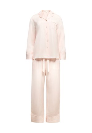 Lichtroze pyjamabovenstuk met lange mouwen, knopen en borstzak, met bijpassende wijde broek met aantrekkoord en omgeslagen zomen.