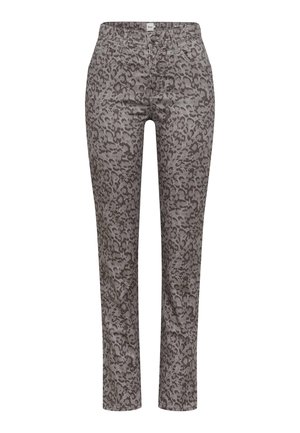 Leopardenmuster, graue Hose aus Baumwoll-Mischgewebe. Mit Vordertaschen, Knopfverschluß und geradem Bein.