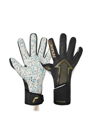 Pair of black and white goalkeeper gloves with blue speckles, gold branding, and arrow design, showing front and back views.