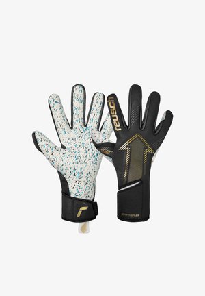 Par de guantes de portero en blanco y negro con motas azules, marca dorada y diseño de flecha, mostrando vistas frontal y trasera.