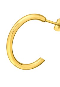 Gouden oorring met een gladde, glanzende afwerking. Heeft een gebogen vorm met een veilige sluiting. Lichtgewicht en eenvoudig ontwerp.
