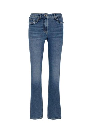Denim jeans in medium blue with a slight flare at the hem, featuring braided accents on the pockets and a classic five-pocket design.