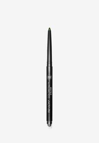 Green retractable eyeliner with a smooth texture. The pencil features a black body and clear end, labeled with product details and brand.