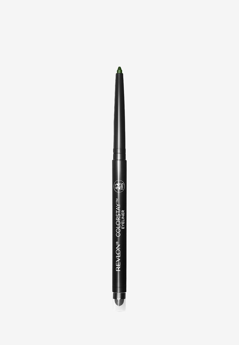 Green retractable eyeliner with a smooth texture. The pencil features a black body and clear end, labeled with product details and brand.