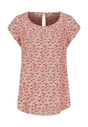 Blouse à manches courtes fleuries en crème, avec un motif rose et violet, un col rond et un détail en forme de goutte à l'arrière.