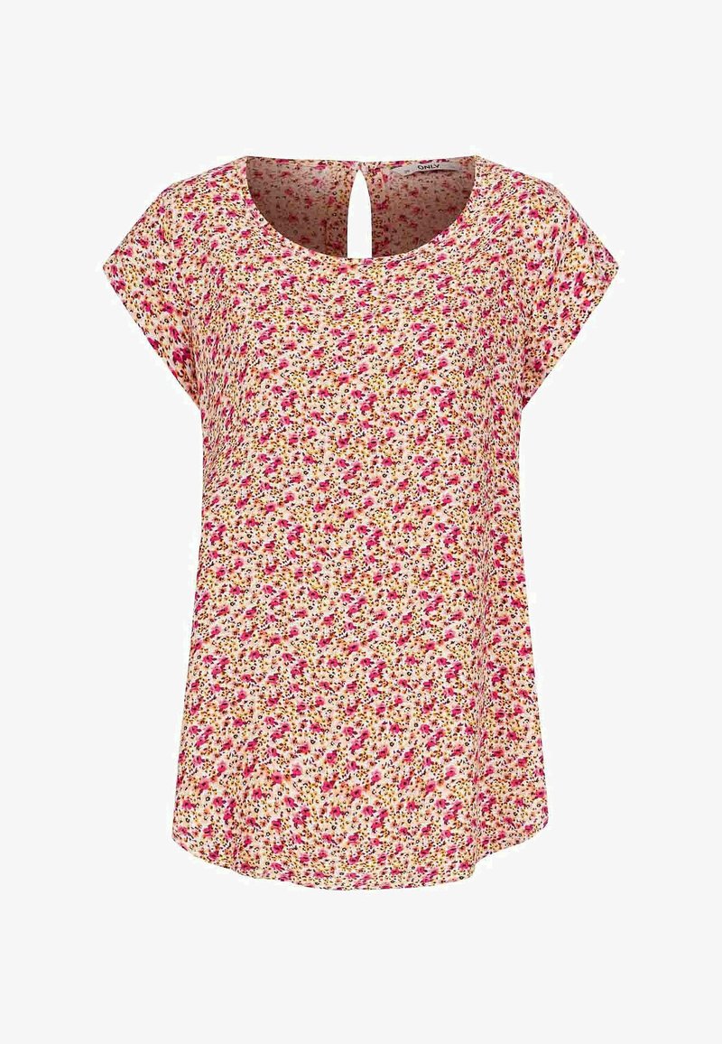 Blommig kortärmad blus i krämfärg, med ett mönster i rosa och lila, rund halsringning och en nyckelhålsdetalj på baksidan.
