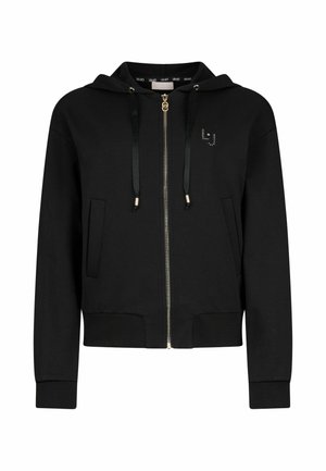 Sweat à capuche noir zippé avec poches avant, capuche à cordon de serrage et petit logo "LJ" sur la poitrine gauche, présenté sur un fond blanc.