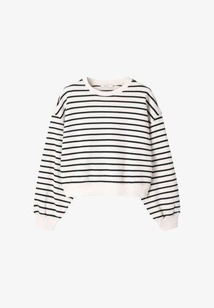 White cropped sweatshirt with long puffed sleeves and black horizontal stripes.