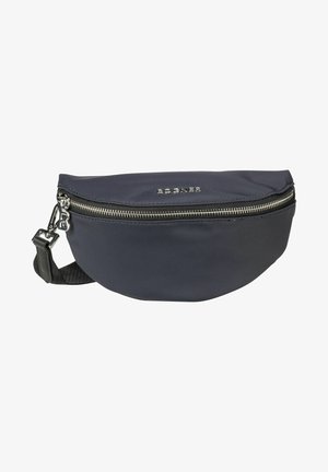 Marsupio in nylon blu navy con forma arrotondata, zip argentata, dettaglio del logo e tracolla nera regolabile per una vestibilità sicura.