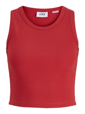 Top corto senza maniche a righe rosse con scollatura rotonda e orlo cucito. Presenta un'etichetta all'interno del colletto. Tessuto morbido e testurizzato.