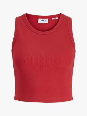 Red ribbed sleeveless crop top with a round neckline and a stitched hem. Features a label tag inside the collar. Soft, textured fabric.