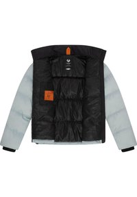 Hellgraue Pufferjacke mit schwarzem Innenfutter, ausgestattet mit einem orangefarbenen Etikett am Hals, Reißverschluss und elastischen Bündchen. Eine Innentasche ist vorhanden.