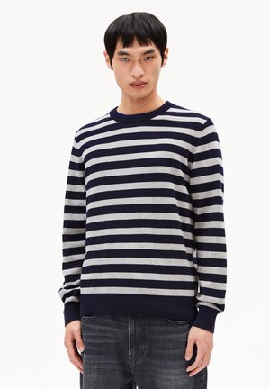 Navy- und grauer gestreifter Pullover, Rundhals, lange Ärmel, aus Strickstoff gefertigt, mit gerippten Bündchen und Saum, lässige Passform.