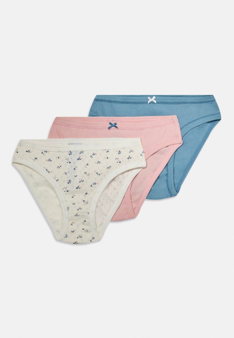 Tri parov ženskih hipster spodnjih hlačic: ena kremna z cvetličnim vzorcem, ena roza in ena modra. Vsak par ima valovit pas.