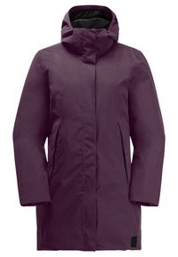 Cappotto lungo e imbottito di colore viola con colletto alto e tasche con zip, realizzato in materiale impermeabile. Presenta una texture liscia e un design minimalista.