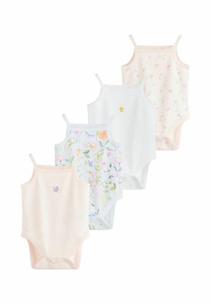 Vier Babybodys mit dünnen Trägern, in Pastellfarben und mit Blumen- sowie Schmetterlingsmotiven, übereinander gestapelt und versetzt angeordnet.