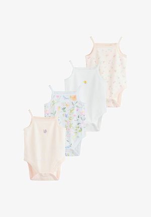 Fire babybodyer med tynde stropper i pastelfarver med blomster- og sommerfugleprint, arrangeret i en forskudt stak.