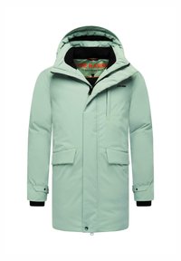 Jasno miętowa ocieplana parka z kapturem, dwiema przednimi kieszeniami i czarną podszewką. Posiada zamek błyskawiczny i regulowane mankiety.