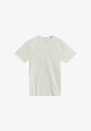 Prosty t-shirt z krótkim rękawem i okrągłym dekoltem w jasnobeżowym kolorze, z małą metką marki wewnątrz kołnierzyka, ułożony płasko na białym tle.