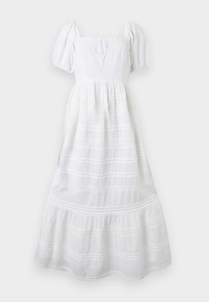 Λευκό μίντι φόρεμα με φουσκωτά μανίκια, τετράγωνη λαιμόκοψη, εφαρμοστή μέση και φούστα με στρώσεις με δαντέλα και πτυχώσεις.